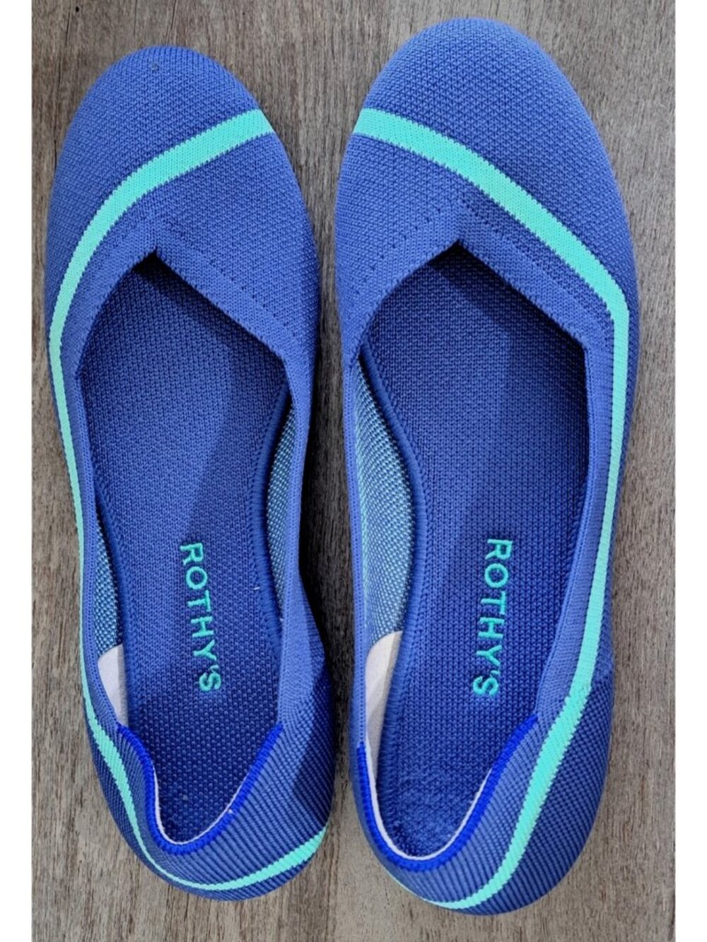 Rothy's Women's 8 Two Tone Blue Ballet Flats Green Stripe New No Tags
